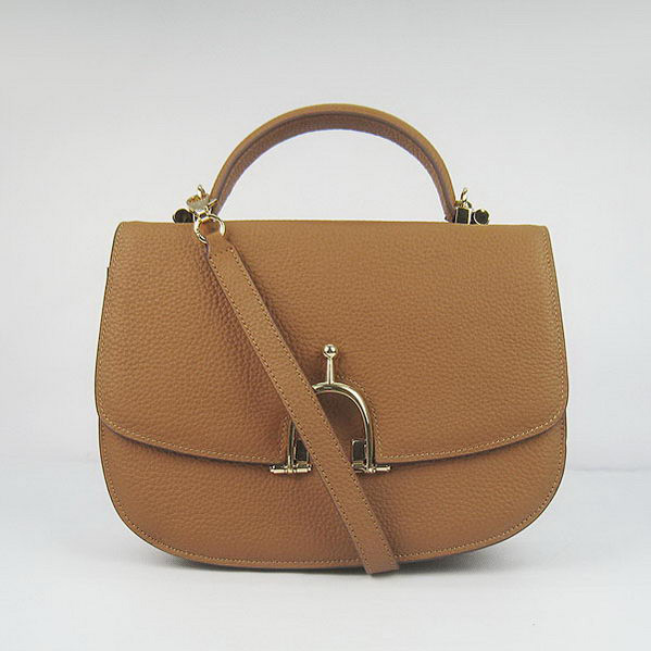 H8088 Hermes Stirrup Borsa a tracolla in pelle di vitello Camel Oro